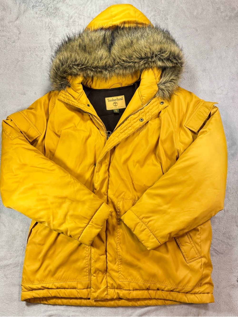 Rare Timberland Insulated Parka Jacket XL Gold/Mustard Faux Fur Hood 🔥